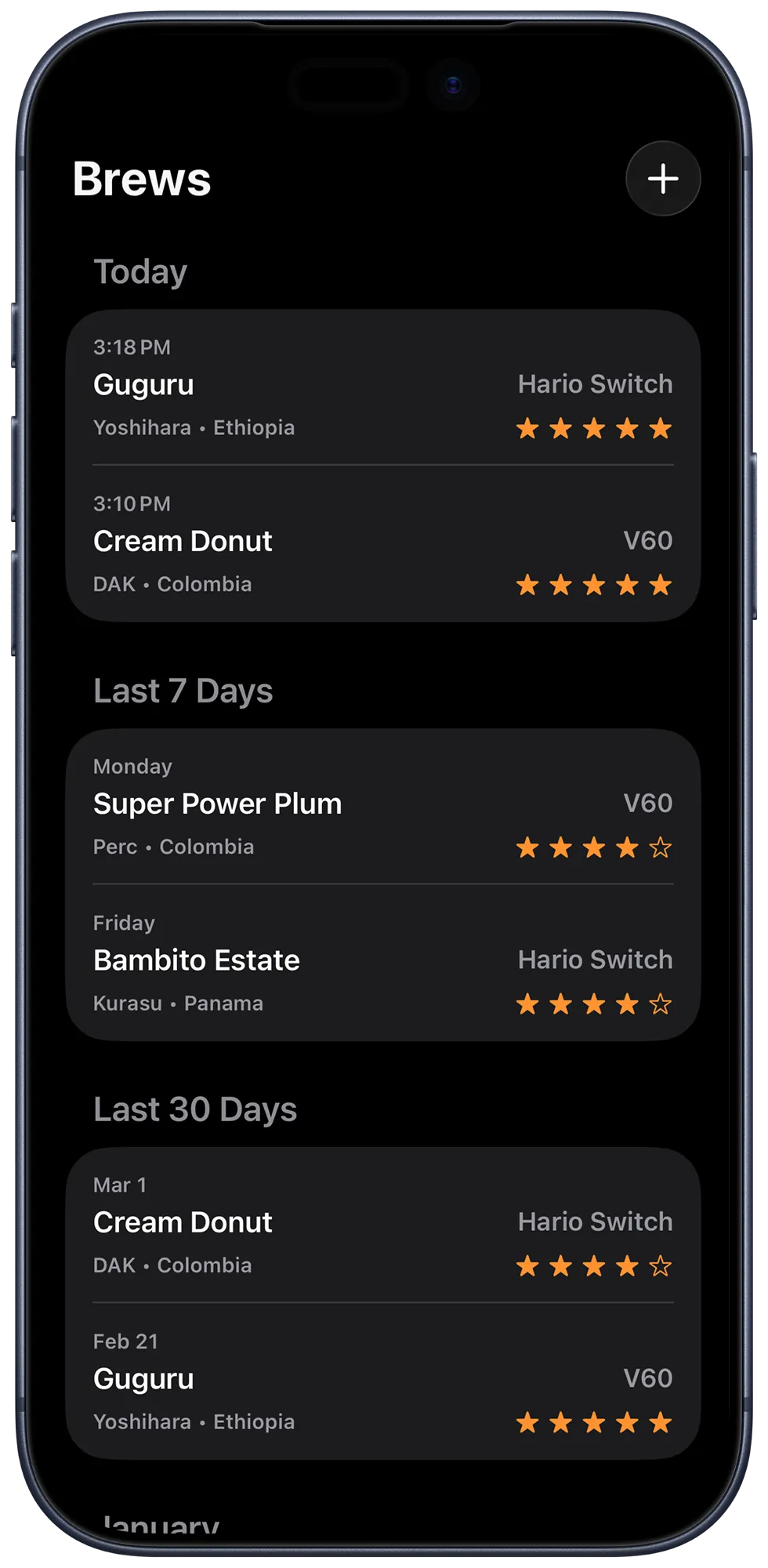 Brote app brew list showing coffee brews grouped by date with ratings